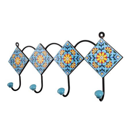Turquoise Yellow Floral Tiles Hooks